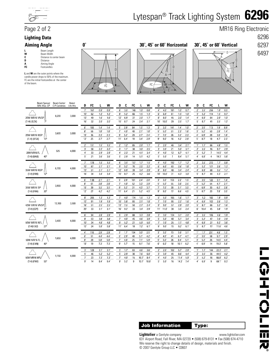 Lightolier 6296 specifications Lytespan Track Lighting System , Lighting Data Aiming Angle 